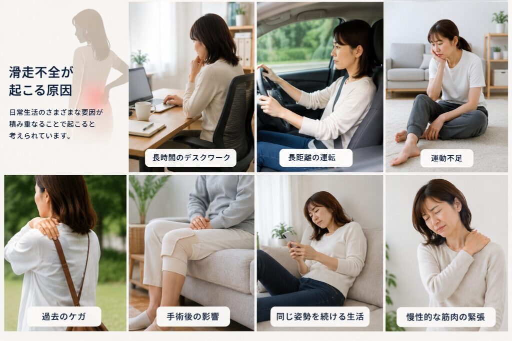 滑走不全を引き起こす長時間の座位や運転、運動不足、過去のケガなどの要因を紹介した図