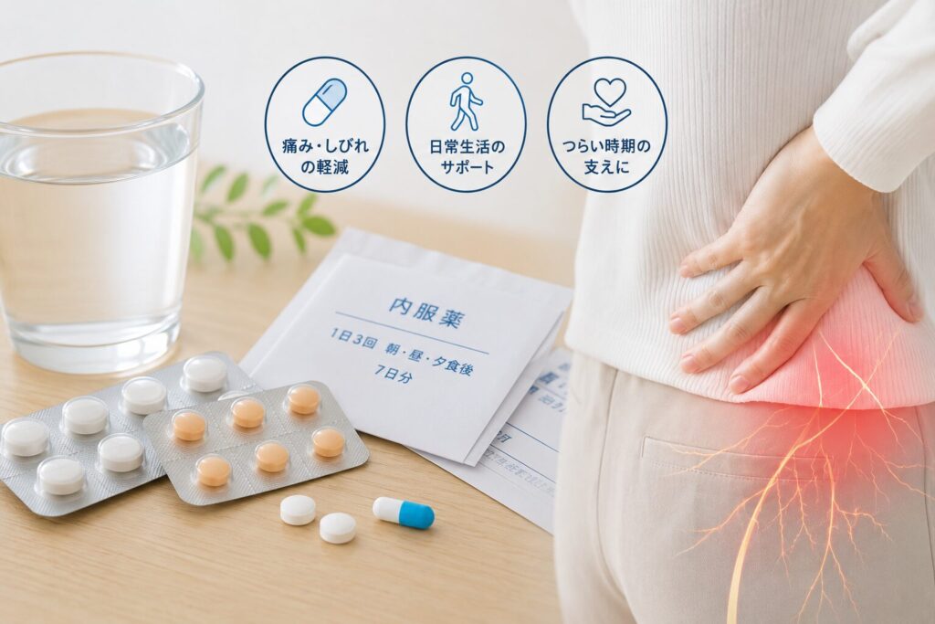 坐骨神経痛に対する薬物療法の役割や痛み・しびれの軽減を表現した図