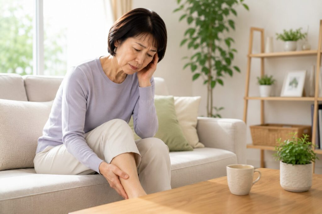 脚のしびれや痛みに悩み、坐骨神経痛が疑われる症状を確認する女性のイメージ