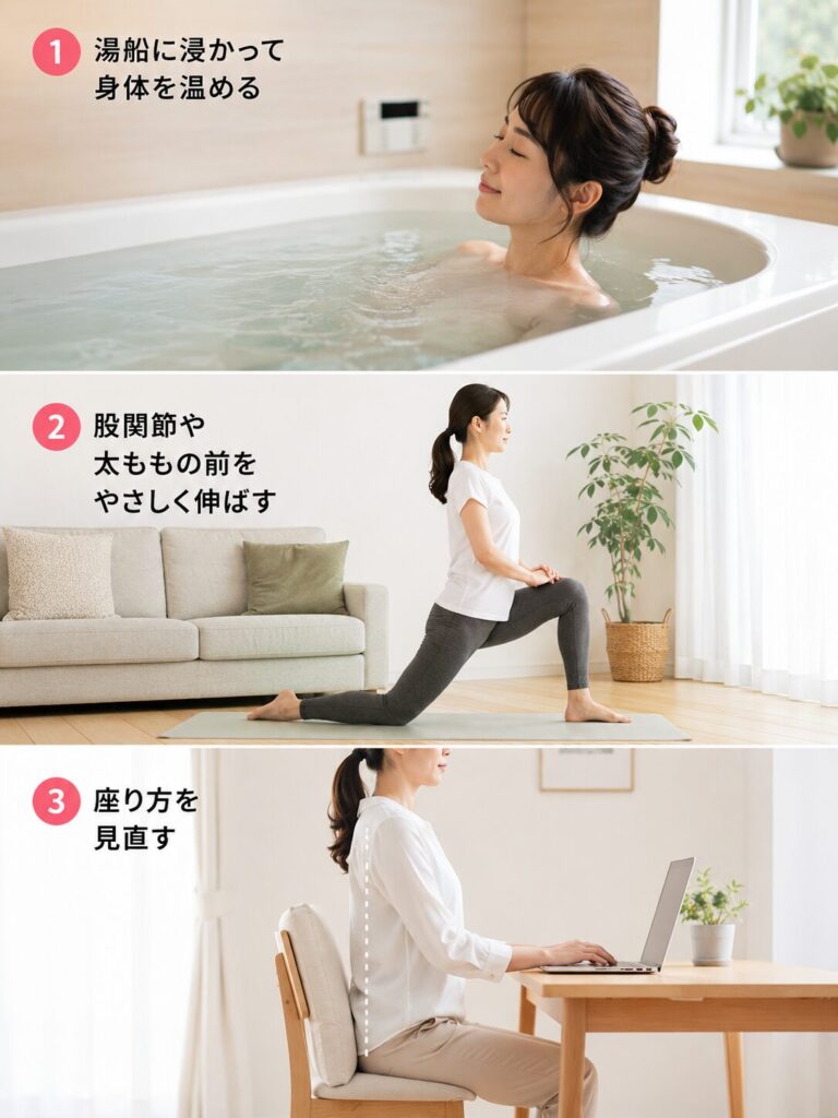 腰の張りを和らげるセルフケアとして、入浴・股関節ストレッチ・正しい座り方を実践するイメージ画像