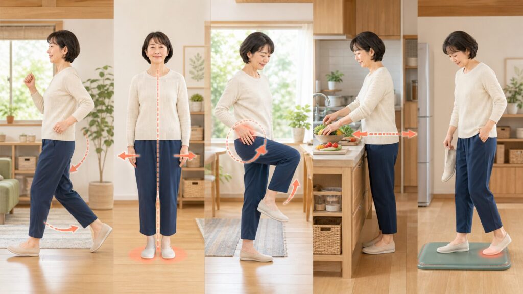 姿勢の変更、両足への重心リセット、股関節運動、作業台の調整、靴と床の確認を行う40代女性のイラスト