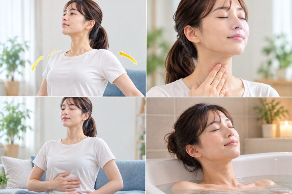 首のセルフケアを行う女性。姿勢を整えるストレッチ、首をやさしく触れるケア、深呼吸、入浴でリラックスする様子。