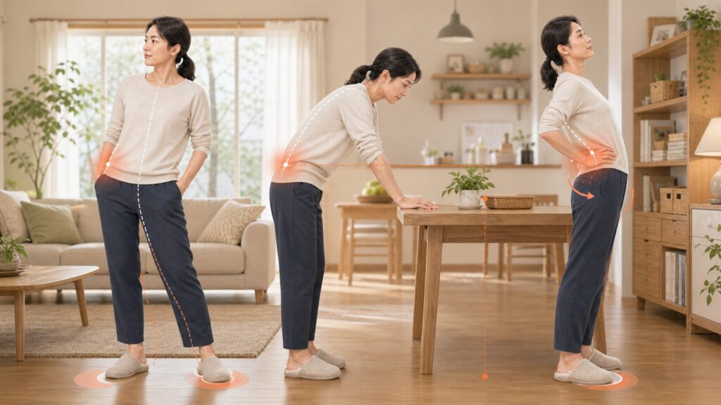自宅のリビングで、片足重心・前かがみ・反り腰の3つの立ち方をする普段着の40代女性を比較したイラスト