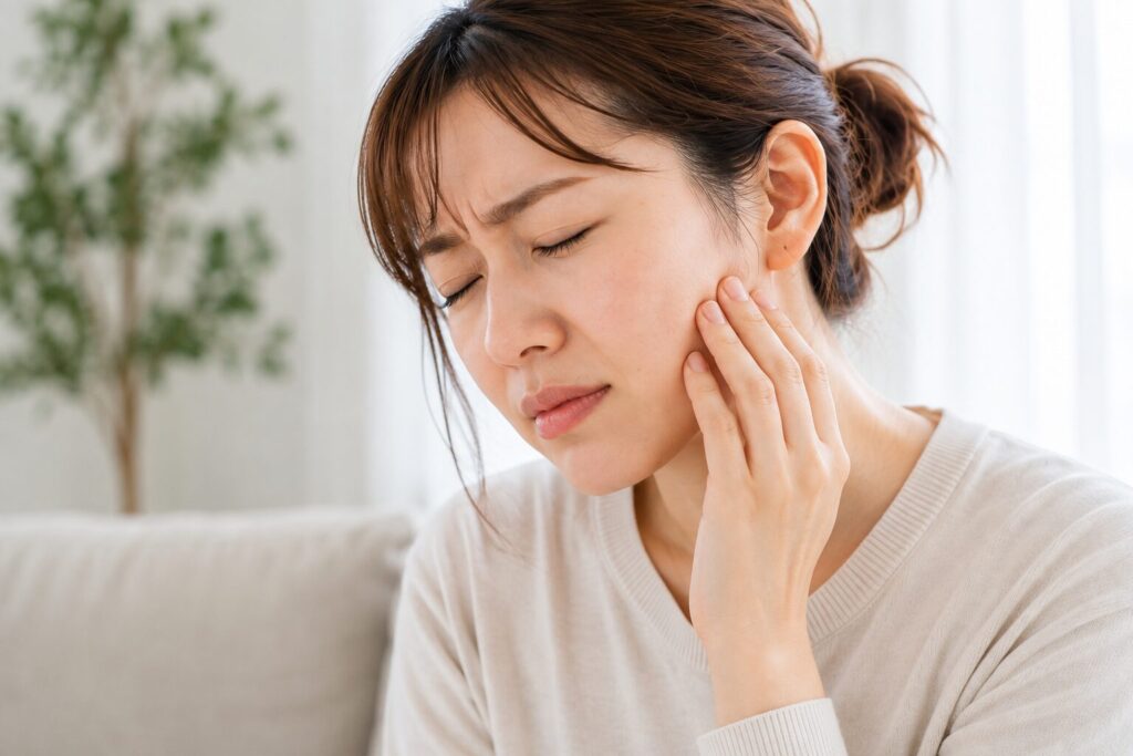 副鼻腔炎による顔の圧迫感や顎の痛みを感じ、頬に手を当てる女性