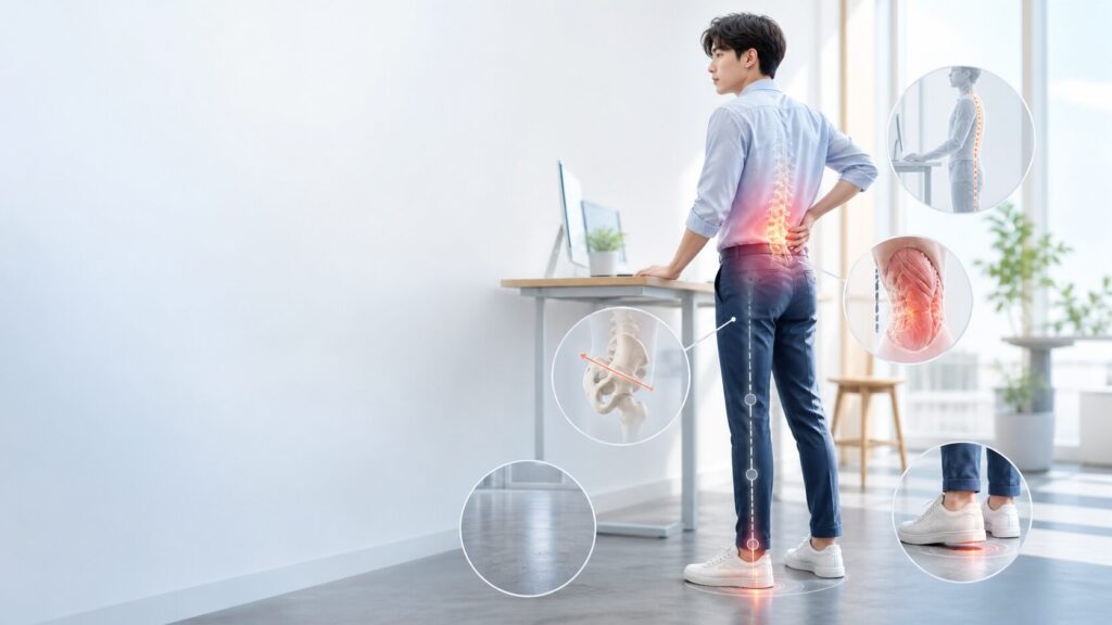 立ち仕事中に腰を押さえる男性と、腰痛につながる姿勢・筋肉・硬い床・足元の荷重など5つの原因を示したイラスト