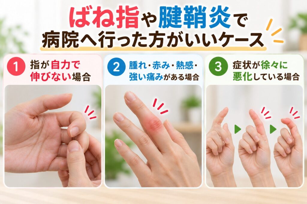 ばね指や腱鞘炎で病院を受診した方がよいケース｜指が伸びない・腫れや強い痛み・症状の悪化