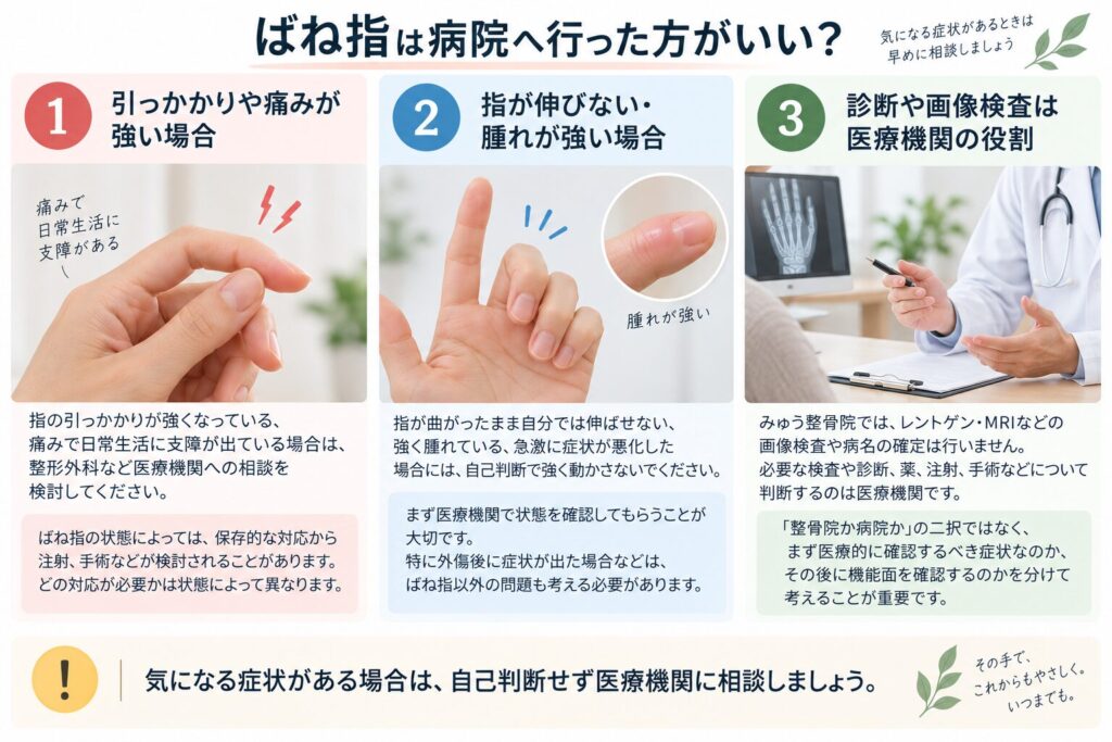 ばね指は病院に行った方がいいか説明した表
