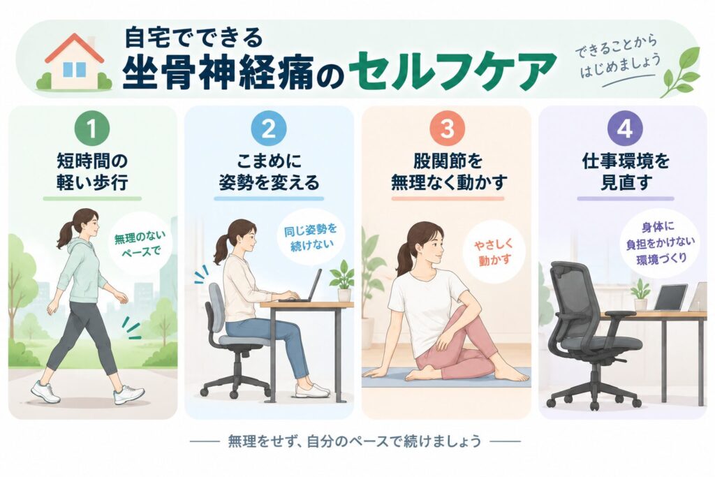自宅でできる坐骨神経痛のセルフケア|軽い歩行・姿勢変更・股関節運動・仕事環境の見直し