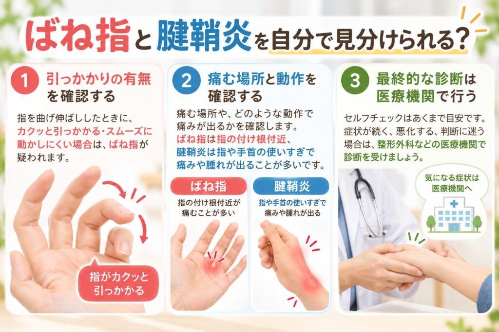 ばね指と腱鞘炎の見分け方｜指の引っかかり・痛む場所や動作を確認し医療機関で診断