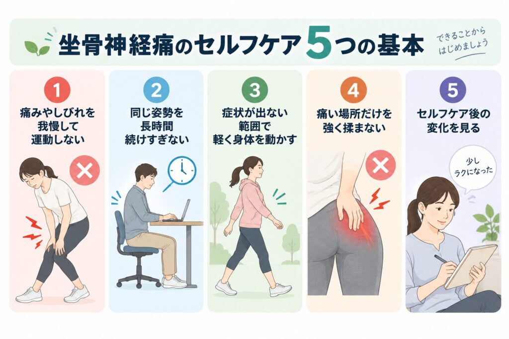 坐骨神経痛のセルフケア5つの基本|無理をせず軽く身体を動かす対策