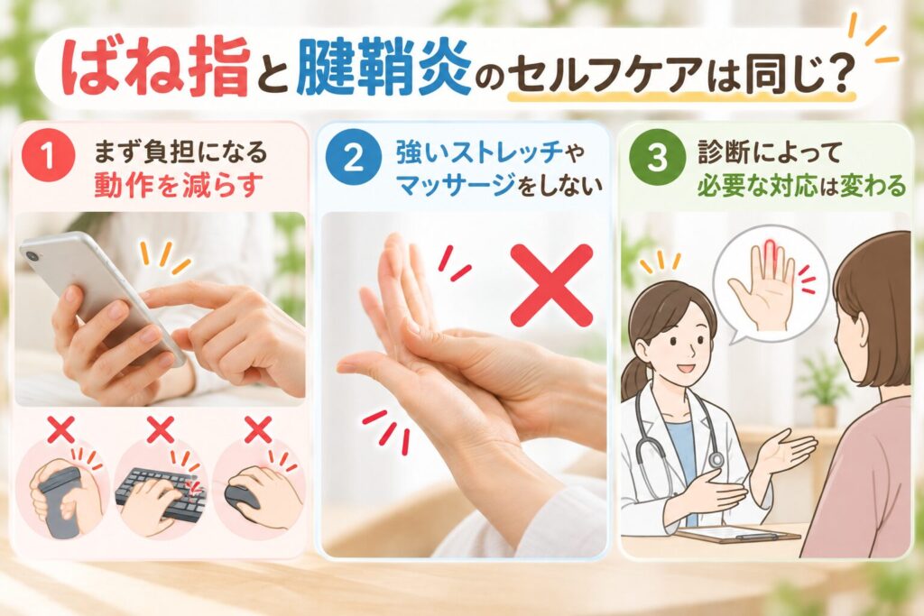 ばね指と腱鞘炎のセルフケア｜負担を減らし強いストレッチやマッサージを避けるポイント