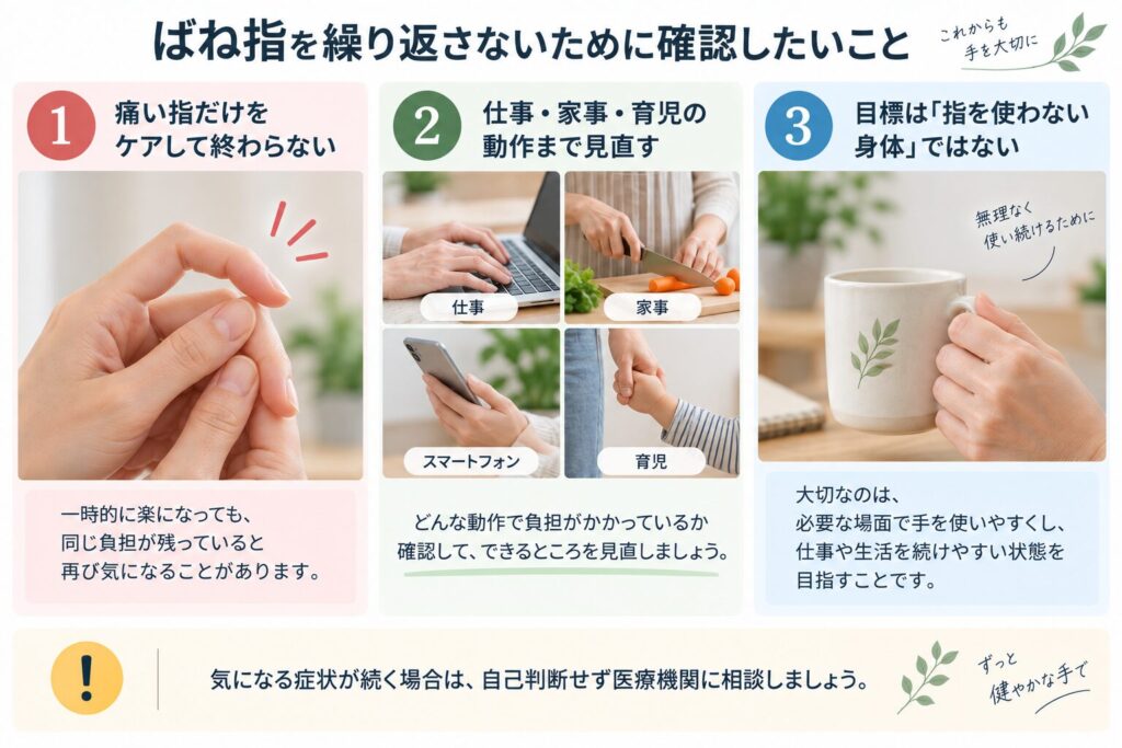 ばね指を繰り返さないために、痛い指だけでなく仕事・家事・育児での手の使い方や負担を見直すポイント`