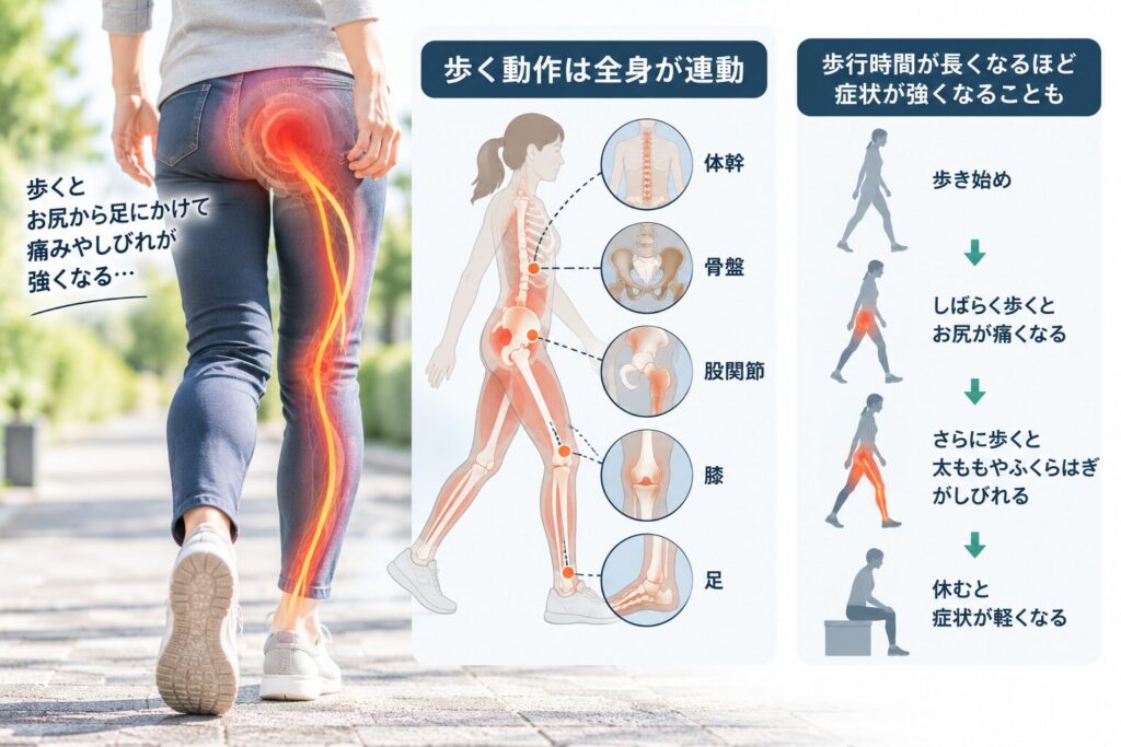 坐骨神経痛で歩くとお尻から足に痛みやしびれが強くなる原因を示した図