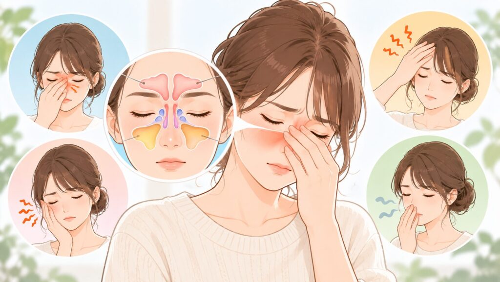 鼻づまりや頬・額の圧迫感など、副鼻腔炎にみられる症状を示したイラスト