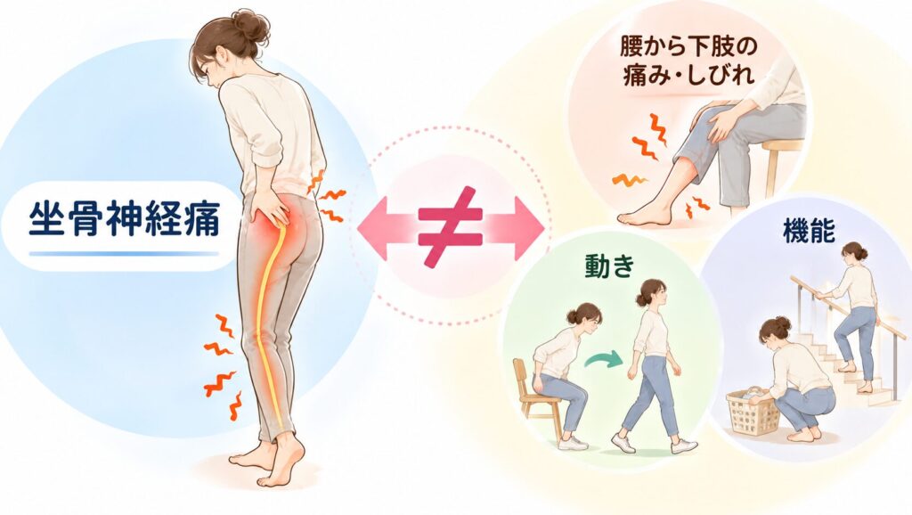 坐骨神経痛という診断名と、腰から下肢の痛み・しびれ、動き、機能は同じではないことを示す図