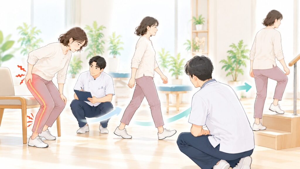 坐骨神経痛のある人が動く様子を、施術者が確認している