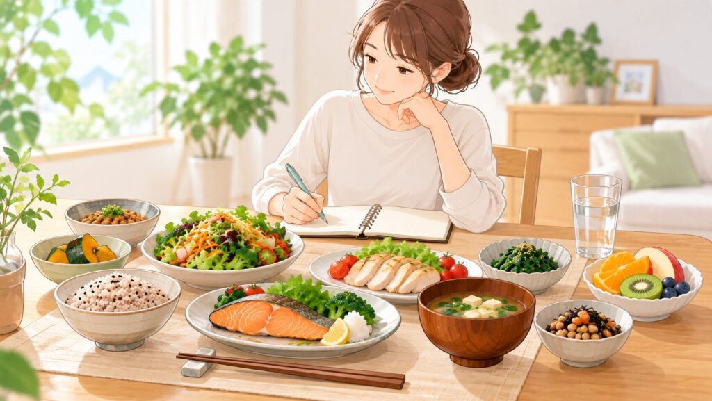 坐骨神経痛のある人が、野菜や魚、たんぱく質を取り入れたバランスの良い食事を無理なく続ける様子のイラスト