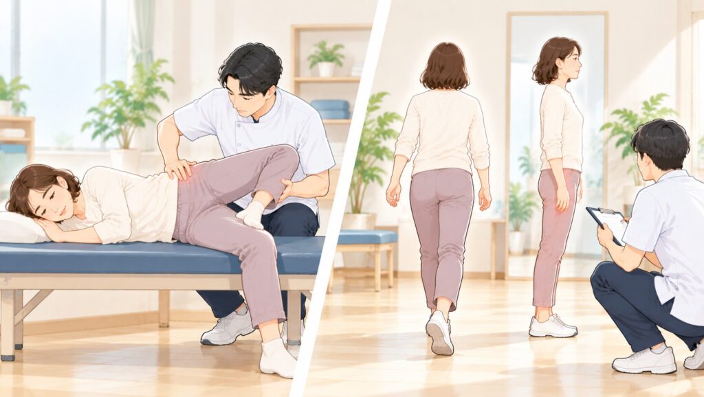 坐骨神経痛について、局所の動きと全身のつながりを分けて見ている図