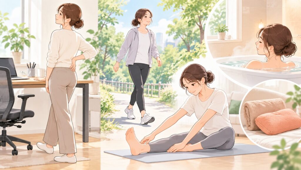 坐骨神経痛のある人が姿勢を変え、軽い運動やストレッチ、温熱ケアを無理なく行っている生活習慣のイラスト