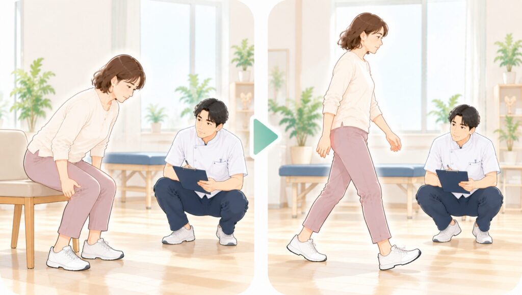 坐骨神経痛のある人の動きを、施術の前後で同じように確認している
