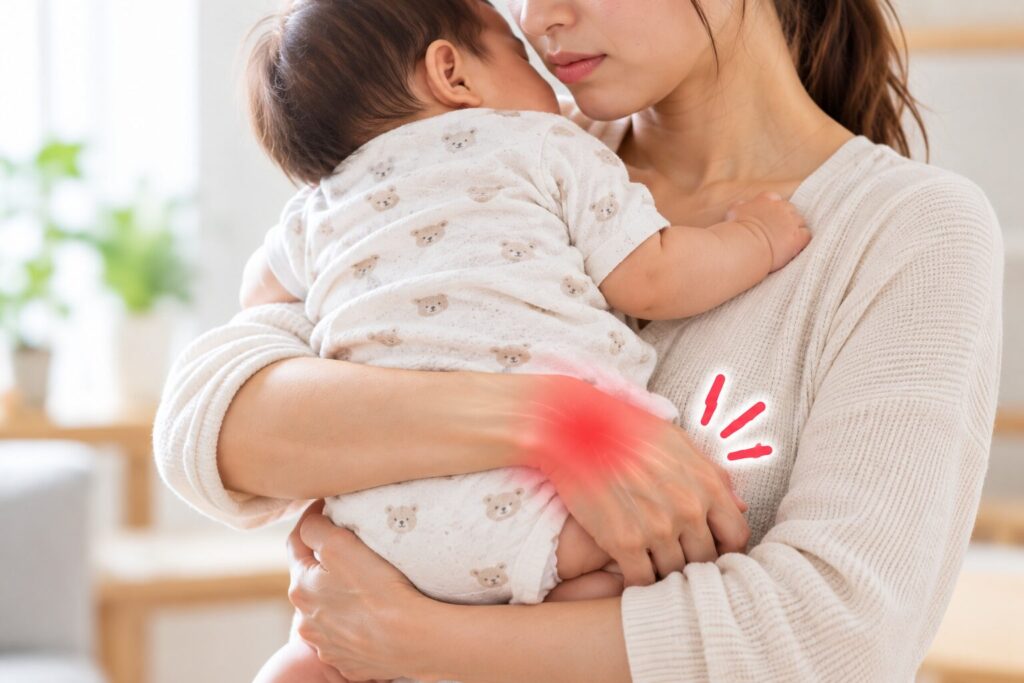 赤ちゃんを支える姿勢で手首に負担がかかっている様子