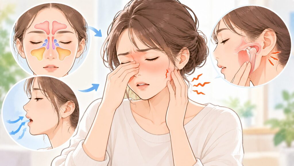 副鼻腔炎による鼻づまりや顔の圧迫感と、口呼吸や顎周囲の筋肉の緊張との関係を示したイラスト