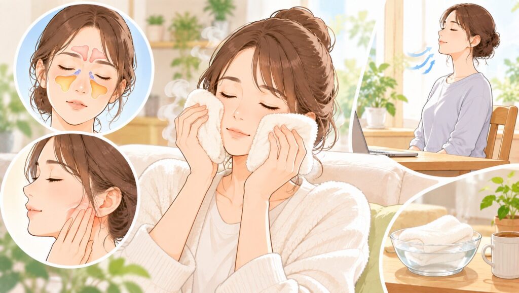 副鼻腔炎や顎まわりの不快感がある人が、蒸しタオルで顔を温め、やさしく触れながら姿勢と呼吸を整えているセルフケアのイラスト